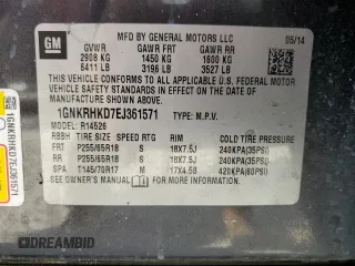 2014 Chevrolet Traverse LT z VIN 1GNKRHKD7EJ361571, wystawiony jako Copart lot #55230425 z przebiegiem Nie podano mil oraz Nie do naprawy • Non repairable. Historia ofert i sprzedaży dostępna na DreamBid. Obrazek 13.