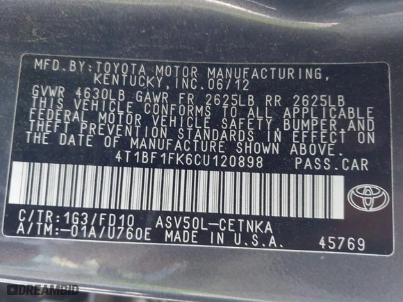2012 Toyota Camry L with VIN 4T1BF1FK6CU120898, listed as a IAAI auction lot 41852014 with 130,278 mi miles. Bid and sale history available at carsss.com. Image 9.