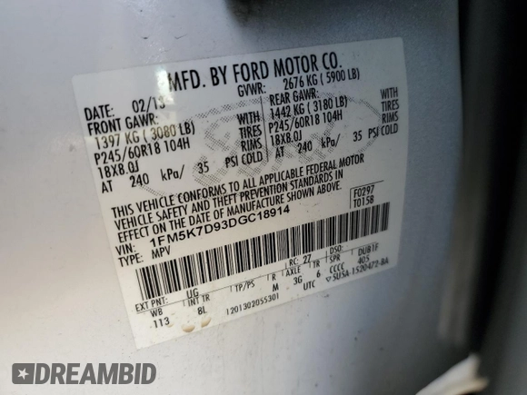 2013 Ford Explorer XLT with VIN 1FM5K7D93DGC18914, listed as a Copart auction lot 46955905 with 201,001 mi miles and Salvage Title. Bid and sale history available at carsss.com. Image 15.
