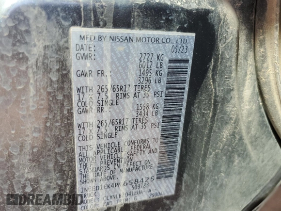 2023 Nissan Frontier Pro-4X with VIN 1N6ED1EK4PN658425, listed as a Copart auction lot 51006795 with 38,194 mi miles and Salvage title. Bid and sale history available at DreamBid. Image 13.