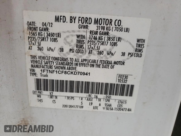 2012 Ford F-150 XL с VIN 1FTNF1CF8CKD70941, выставлен на аукционе Copart как лот 53788165 с пробегом 201 173 миль миль и Списание • Salvage title. История ставок и продаж доступна на DreamBid. Изображение 12.