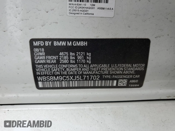 2018 BMW M3 z VIN WBS8M9C5XJ5L71702, wystawiony jako Copart lot #55657055 z przebiegiem Nie podano mil oraz Szkody całkowita. Historia ofert i sprzedaży dostępna na DreamBid. Obrazek 12.