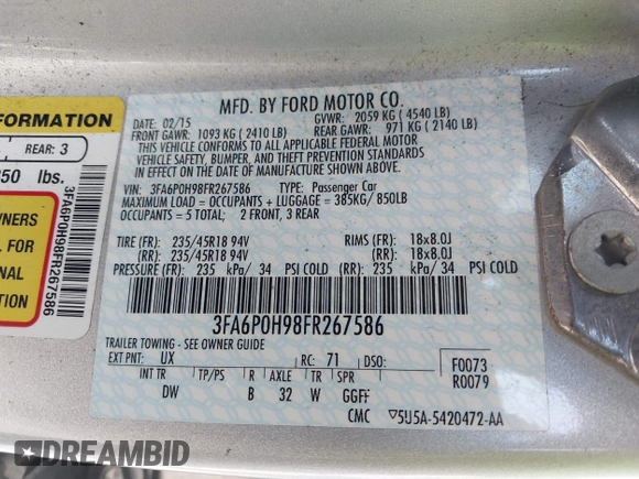 2015 Ford Fusion SE with VIN 3FA6P0H98FR267586, listed as a IAAI auction lot 41987958 with 136,919 mi miles. Bid and sale history available at carsss.com. Image 9.