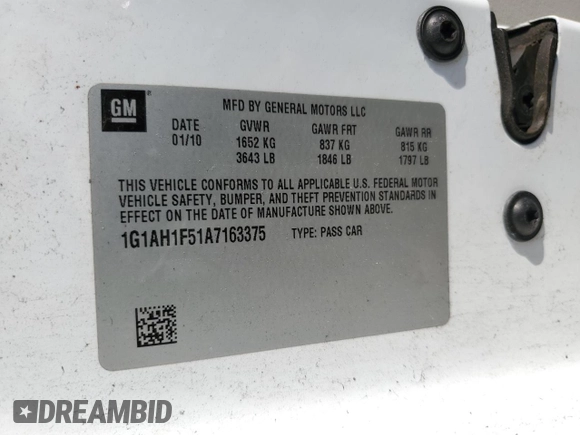 2010 Chevrolet Cobalt with VIN 1G1AH1F51A7163375, listed as a Copart auction lot 63428394 with 187,229 mi miles and Clean Title. Bid and sale history available at DreamBid. Image 12.