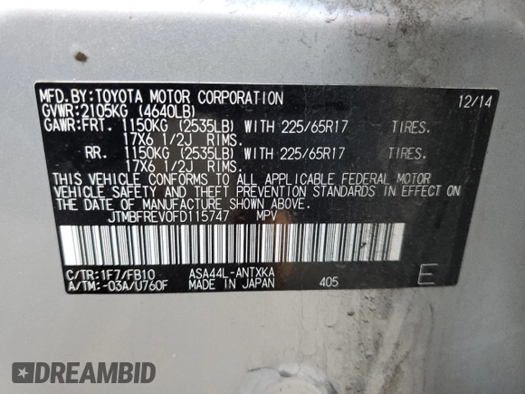 2015 Toyota RAV4 LE с VIN JTMBFREV0FD115747, выставлен на аукционе Copart как лот 57295475 с пробегом 183 727 миль миль и Списание • Salvage title. История ставок и продаж доступна на DreamBid. Изображение 13.