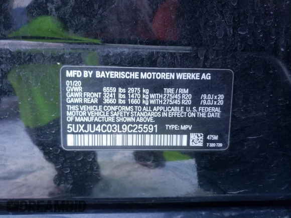 2020 BMW X5 M50i with VIN 5UXJU4C03L9C25591, listed as a Copart auction lot 66650082 with 0 mi miles. Bid and sale history available at carsss.com. Image 12.