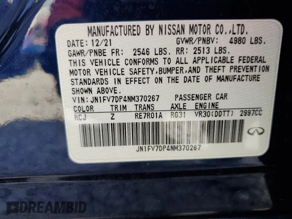 2022 Infiniti Q50 Red Sport 400 with VIN JN1FV7DP4NM370267, listed as a Copart auction lot 45451545 with 46,313 mi miles and Salvage Title. Bid and sale history available at DreamBid. Image 12.