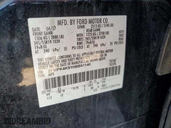 2017 Ford Edge Titanium with VIN 2FMPK4K91HBB91140, listed as a Copart auction lot 45295985 with 139,070 mi miles and Salvage Title. Bid and sale history available at carsss.com. Image 13.