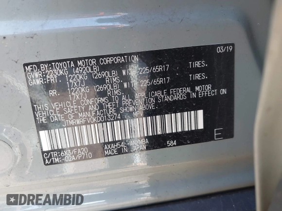 2019 Toyota RAV4 Hybrid XLE with VIN JTMRWRFV0KD013274, listed as a IAAI auction lot 41918992 with 97,850 mi miles. Bid and sale history available at carsss.com. Image 9.