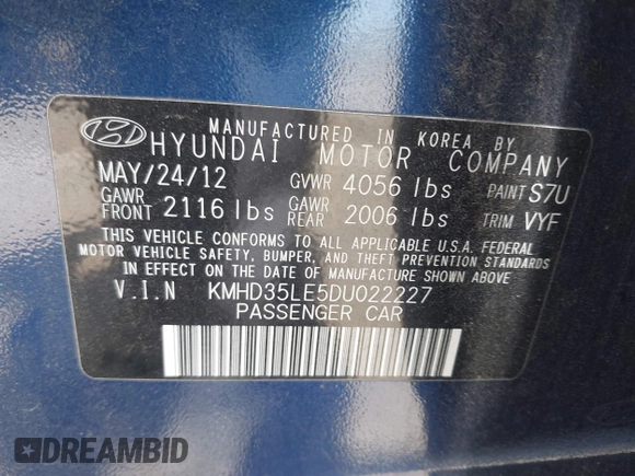 2013 Hyundai Elantra with VIN KMHD35LE5DU022227, listed as a IAAI auction lot 42262380 with Not provided miles and . Bid and sale history available at DreamBid. Image 9.