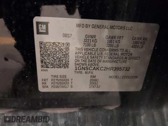 2017 Chevrolet Tahoe LS with VIN 1GNSCAKC2HR395732, listed as a IAAI auction lot 41149014 with 133,727 mi miles and . Bid and sale history available at DreamBid. Image 9.