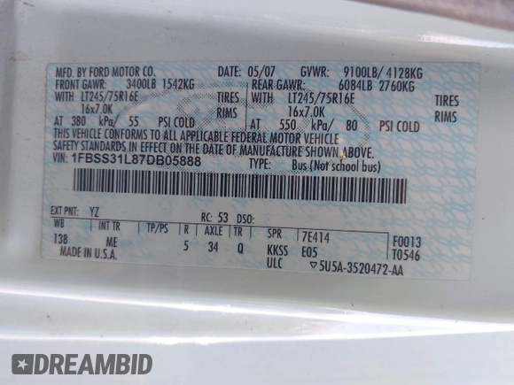 2007 Ford Econoline Passenger XL with VIN 1FBSS31L87DB05888, listed as a IAAI auction lot 41851174 with Not provided miles and . Bid and sale history available at DreamBid. Image 9.