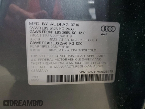 2017 Audi Q5 Premium z VIN WA1C2AFP7HA026175, wystawiony jako Copart lot #58146055 z przebiegiem 205 467 mil mil oraz Czysty tytuł • Clean title. Historia ofert i sprzedaży dostępna na DreamBid. Obrazek 13.