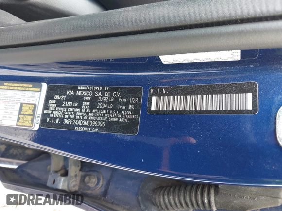 2021 Kia Forte LXS с VIN 3KPF24AD3ME399996, выставлен на аукционе IAAI как лот 42561691 с пробегом 39 117 миль миль и . История ставок и продаж доступна на DreamBid. Изображение 9.