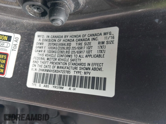 2016 Honda CR-V EX with VIN 2HKRM4H5XGH722785, listed as a IAAI auction lot 42011890 with 76,278 mi miles and . Bid and sale history available at DreamBid. Image 9.