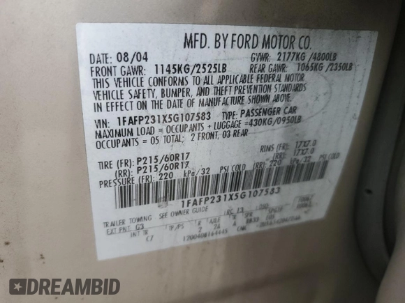 2005 Ford Five Hundred SE with VIN 1FAFP231X5G107583, listed as a Copart auction lot 78573224 with 97,849 mi miles and Salvage Title. Bid and sale history available at carsss.com. Image 15.