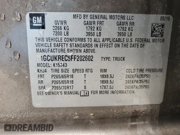 2015 Chevrolet Silverado 1500 LT with VIN 1GCUKREC5FF202602, listed as a Copart auction lot 48587875 with 160,056 mi miles and Clean Title. Bid and sale history available at DreamBid. Image 14.