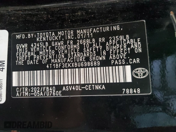 2011 Toyota Camry LE with VIN 4T1BF3EKXBU698689, listed as a Copart auction lot 83700574 with 124,746 mi miles and Salvage Title. Bid and sale history available at carsss.com. Image 12.
