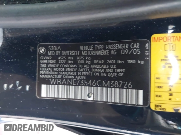 2006 BMW 5 Series 530i with VIN WBANE73546CM38726, listed as a IAAI auction lot 41945631 with 295,488 mi miles and . Bid and sale history available at carsss.com. Image 9.