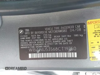 2008 BMW 5 Series 528i with VIN WBANU53568CT19750, listed as a IAAI auction lot 41697534 with 166,089 mi miles and . Bid and sale history available at DreamBid. Image 9.