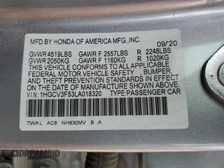 2020 Honda Accord EX-L with VIN 1HGCV3F53LA018320, listed as a Copart auction lot 53053555 with 72,635 mi miles and Salvage title. Bid and sale history available at DreamBid. Image 14.