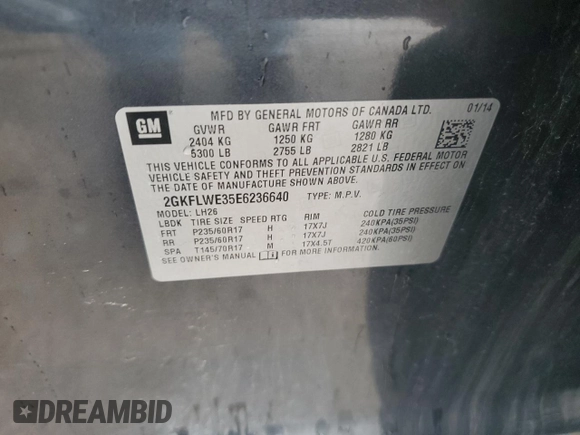 2014 GMC Terrain SLE with VIN 2GKFLWE35E6236640, listed as a Copart auction lot 62770405 with 100,529 mi miles and Clean title. Bid and sale history available at DreamBid. Image 12.