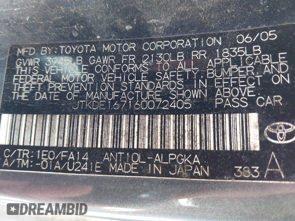 2006 Scion tC z VIN JTKDE167160072405, wystawiony jako IAAI lot #41861950 z przebiegiem 292 742 mil mil oraz . Historia ofert i sprzedaży dostępna na DreamBid. Obrazek 9.