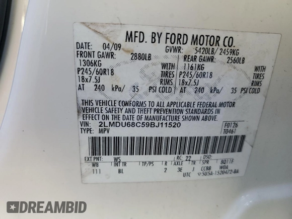 2009 Lincoln MKX with VIN 2LMDU68C59BJ11520, listed as a Copart auction lot 86328924 with 130,847 mi miles and Non Repairable. Bid and sale history available at DreamBid. Image 13.