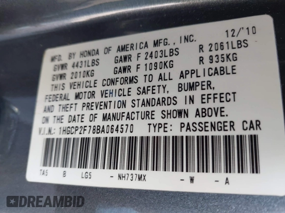 2011 Honda Accord EX with VIN 1HGCP2F78BA064570, listed as a IAAI auction lot 42308219 with 145,534 mi miles and . Bid and sale history available at DreamBid. Image 9.