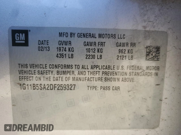 2013 Chevrolet Malibu LS with VIN 1G11B5SA2DF259327, listed as a Copart auction lot 48559065 with 140,226 mi miles and Salvage Title. Bid and sale history available at DreamBid. Image 12.