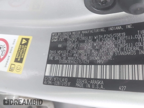 2012 Toyota Highlander Limited with VIN 5TDDK3EH1CS157629, listed as a IAAI auction lot 42157367 with 50,902 mi miles and . Bid and sale history available at DreamBid. Image 9.