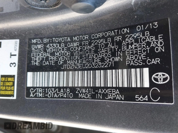 2013 Toyota Prius Two with VIN JTDZN3EU2D3232271, listed as a IAAI auction lot 41789321 with 237,405 mi miles and . Bid and sale history available at DreamBid. Image 9.