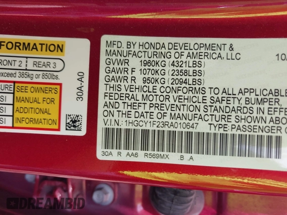 2024 Honda Accord LX z VIN 1HGCY1F23RA010647, wystawiony jako IAAI lot #42082178 z przebiegiem 26 514 mil mil oraz . Historia ofert i sprzedaży dostępna na DreamBid. Obrazek 9.