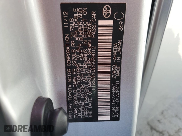 2013 Toyota Prius One with VIN JTDKN3DU3D5559012, listed as a Copart auction lot 48163655 with 0 mi miles and Salvage Title. Bid and sale history available at carsss.com. Image 12.