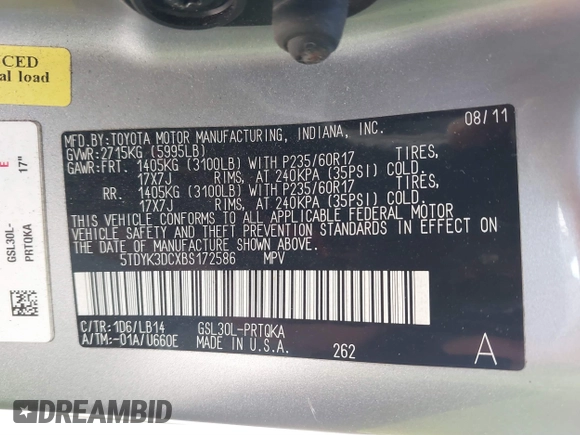 2011 Toyota Sienna XLE AAS with VIN 5TDYK3DCXBS172586, listed as a IAAI auction lot 41835992 with 203,599 mi miles. Bid and sale history available at carsss.com. Image 9.