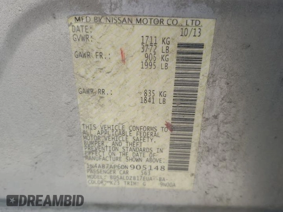 2013 Nissan Sentra SV with VIN 1N4AB7AP6DN905148, listed as a Copart auction lot 63896734 with 43,663 mi miles and Salvage Title. Bid and sale history available at DreamBid. Image 12.