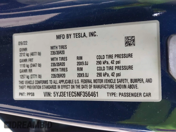 2022 Tesla Model 3 Performance with VIN 5YJ3E1EC5NF356461, listed as a IAAI auction lot 42115367 with 16,006 mi miles and . Bid and sale history available at carsss.com. Image 9.