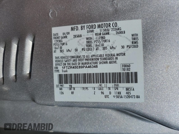 2009 Ford Ranger XLT with VIN 1FTZR45E89PA46348, listed as a Copart auction lot 54423735 with 96,057 mi miles and Salvage title. Bid and sale history available at DreamBid. Image 12.