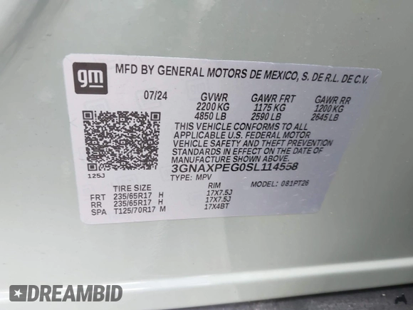 2025 Chevrolet Equinox AWD LT with VIN 3GNAXPEG0SL114558, listed as a IAAI auction lot 42306757 with 18,049 mi miles and . Bid and sale history available at DreamBid. Image 9.