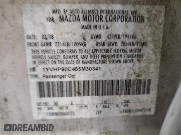 2008 Mazda 6 i Sport VE with VIN 1YVHP80C485M30341, listed as a Copart auction lot 49801025 with 160,433 mi miles and Salvage Title. Bid and sale history available at carsss.com. Image 12.