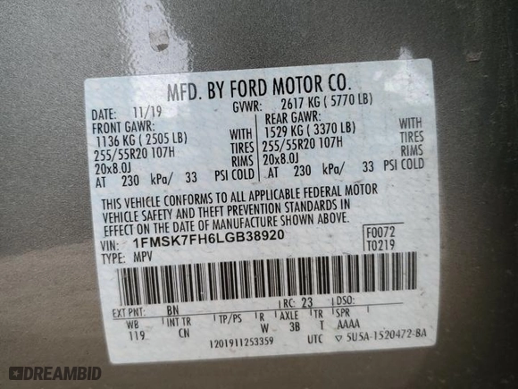 2020 Ford Explorer Limited with VIN 1FMSK7FH6LGB38920, listed as a Copart auction lot 47048225 with 71,250 mi miles and Salvage Title. Bid and sale history available at carsss.com. Image 14.