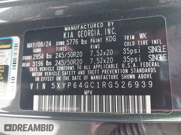2024 Kia Telluride S with VIN 5XYP64GC1RG526939, listed as a IAAI auction lot 41619752 with 6,042 mi miles and . Bid and sale history available at carsss.com. Image 9.