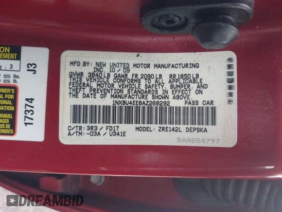 2010 Toyota Corolla with VIN 1NXBU4EE8AZ268292, listed as a IAAI auction lot 41977973 with 120,754 mi miles. Bid and sale history available at carsss.com. Image 9.