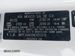 2022 Kia Forte LXS with VIN 3KPF24AD0NE455376, listed as a IAAI auction lot 41943951 with 52,535 mi miles and . Bid and sale history available at carsss.com. Image 9.