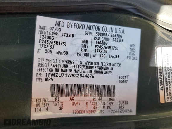 2003 Ford Explorer Eddie Bauer z VIN 1FMZU74W93ZB44676, wystawiony jako Copart lot #51858275 z przebiegiem Nie podano mil oraz Szkoda całkowita • Salvage title. Historia ofert i sprzedaży dostępna na DreamBid. Obrazek 14.