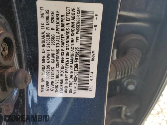 2017 Honda Civic EX-T with VIN 19XFC1E36HE019696, listed as a Copart auction lot 78123564 with 79,698 mi miles and Salvage Title. Bid and sale history available at DreamBid. Image 12.