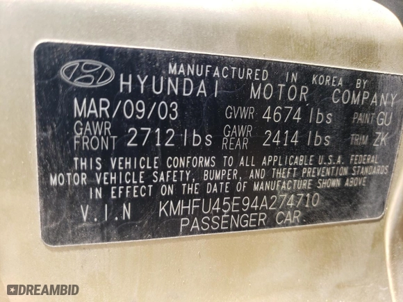 2004 Hyundai XG350 with VIN KMHFU45E94A274710, listed as a Copart auction lot 59339124 with NaN miles and Non Repairable. Bid and sale history available at carsss.com. Image 12.