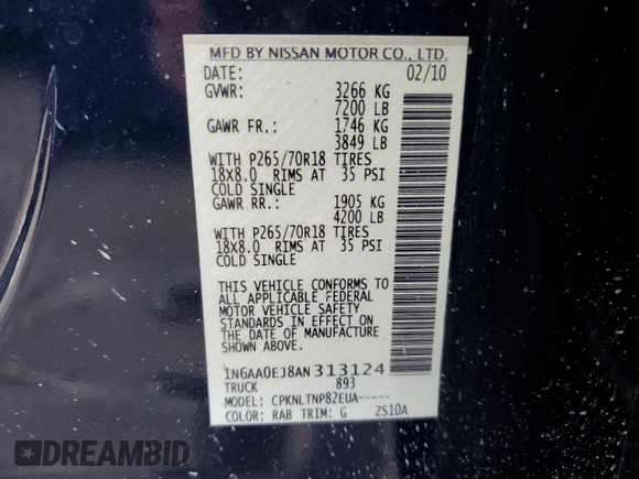 2010 Nissan Titan XE with VIN 1N6AA0EJ8AN313124, listed as a Copart auction lot 82052444 with 160,023 mi miles and Salvage Title. Bid and sale history available at carsss.com. Image 12.
