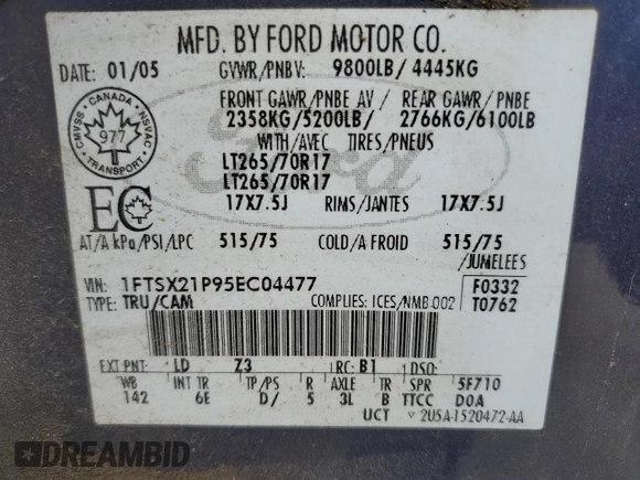 2005 Ford F-250 XL with VIN 1FTSX21P95EC04477, listed as a Copart auction lot 60419475 with Not provided miles and Salvage title. Bid and sale history available at DreamBid. Image 12.