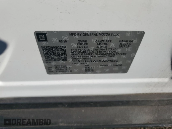 2019 Chevrolet Traverse LT Cloth with VIN 1GNERGKW5KJ294831, listed as a Copart auction lot 66363364 with Not Provided miles and Non Repairable. Bid and sale history available at carsss.com. Image 13.